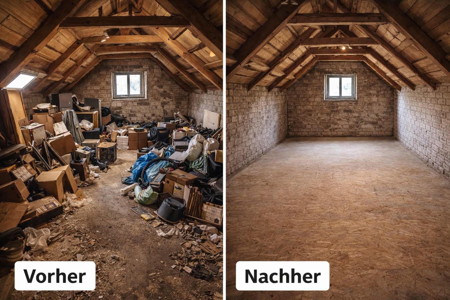 Dachboden vor und nach Entrümpelung