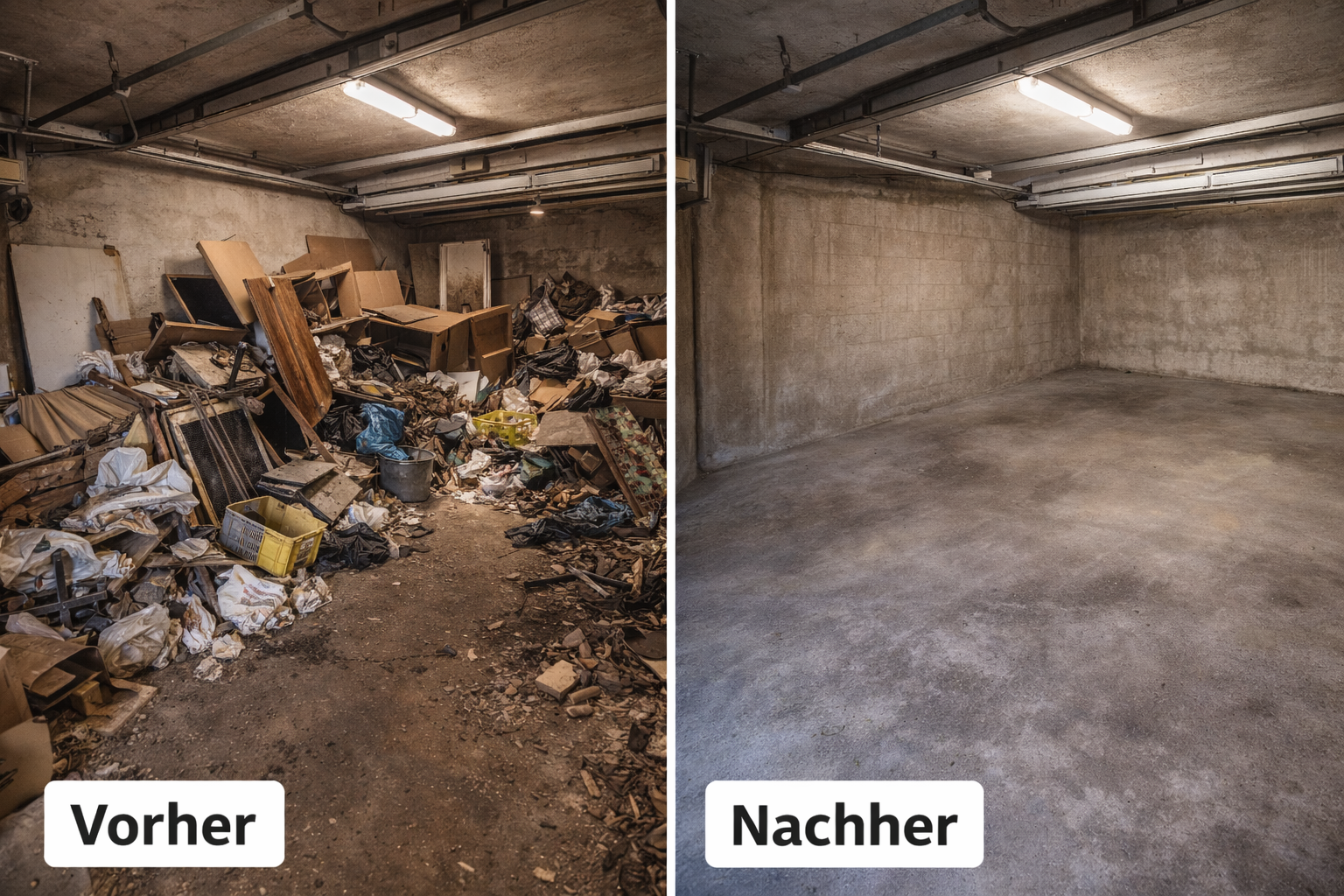 Garage vor und nach Entrümpelung