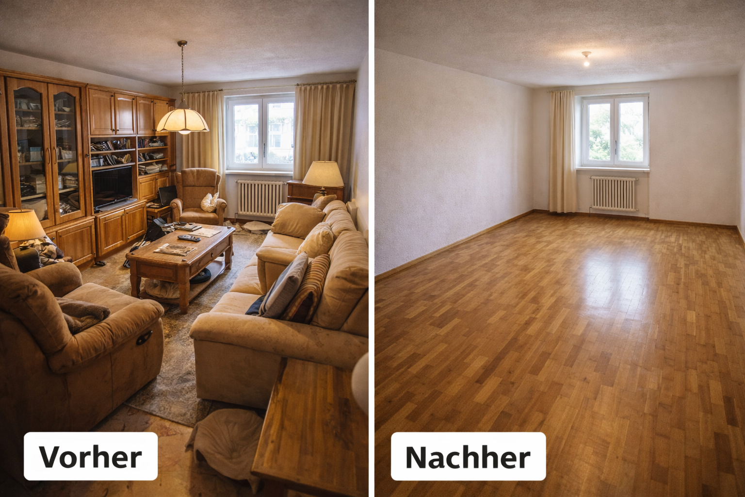 Wohnung mit Möbeln vor und nach Entrümpelung
